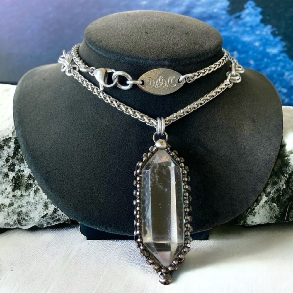 Natural Crystal quartz black electroplated boho goth stainless steel necklace